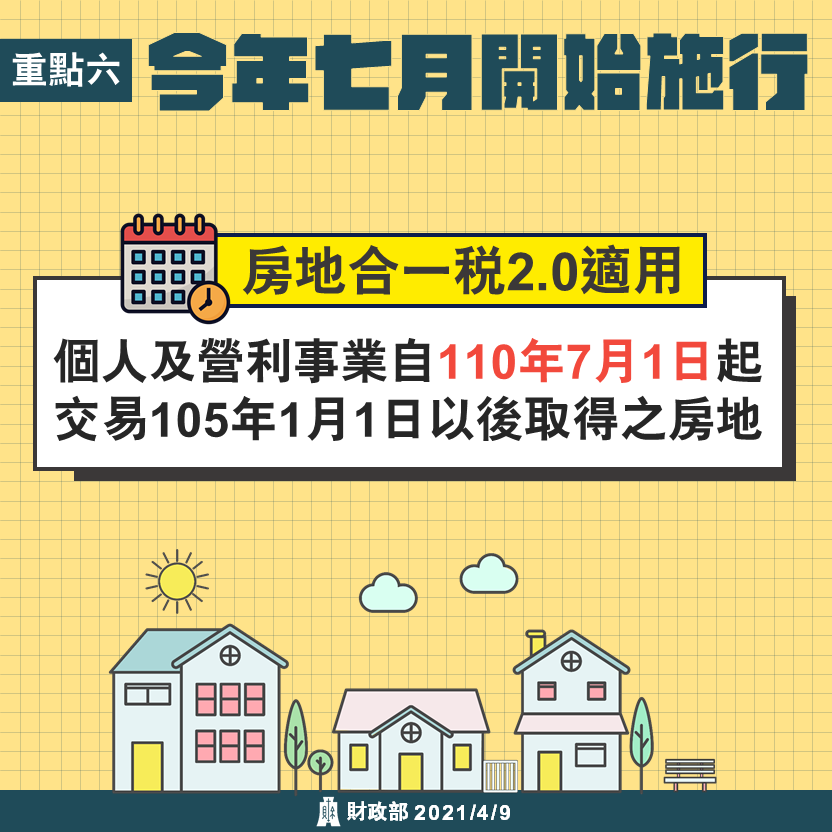 房地合一稅2.0 個人及營利事業自110年7月1日起交易105年1月1日以後取得之房地，適用房地合一稅2.0。